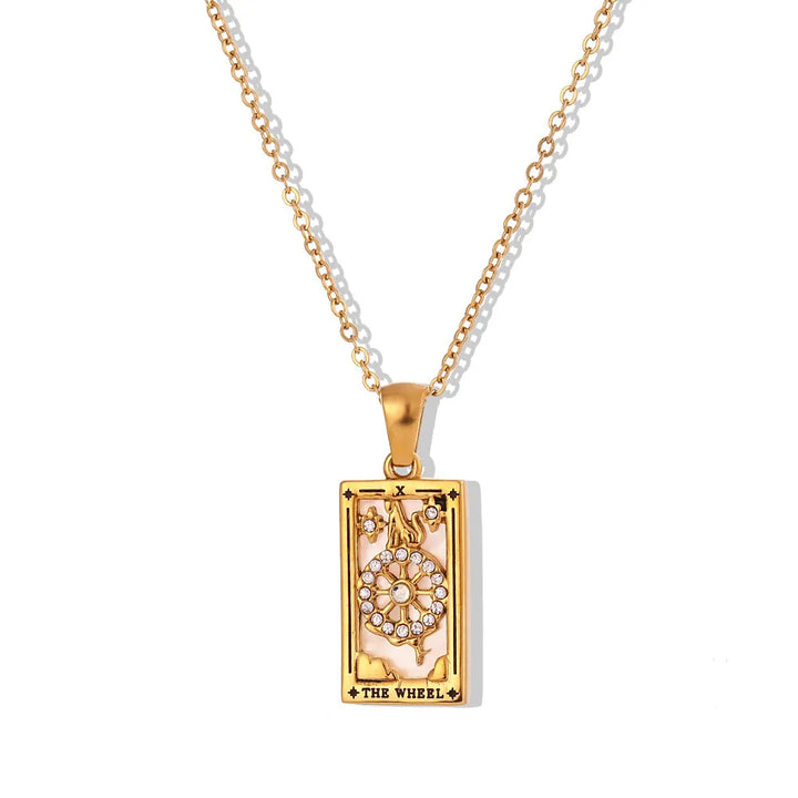 Simple women's tarot card necklace, elegant spiritual jewelry, understated mystical pendant.