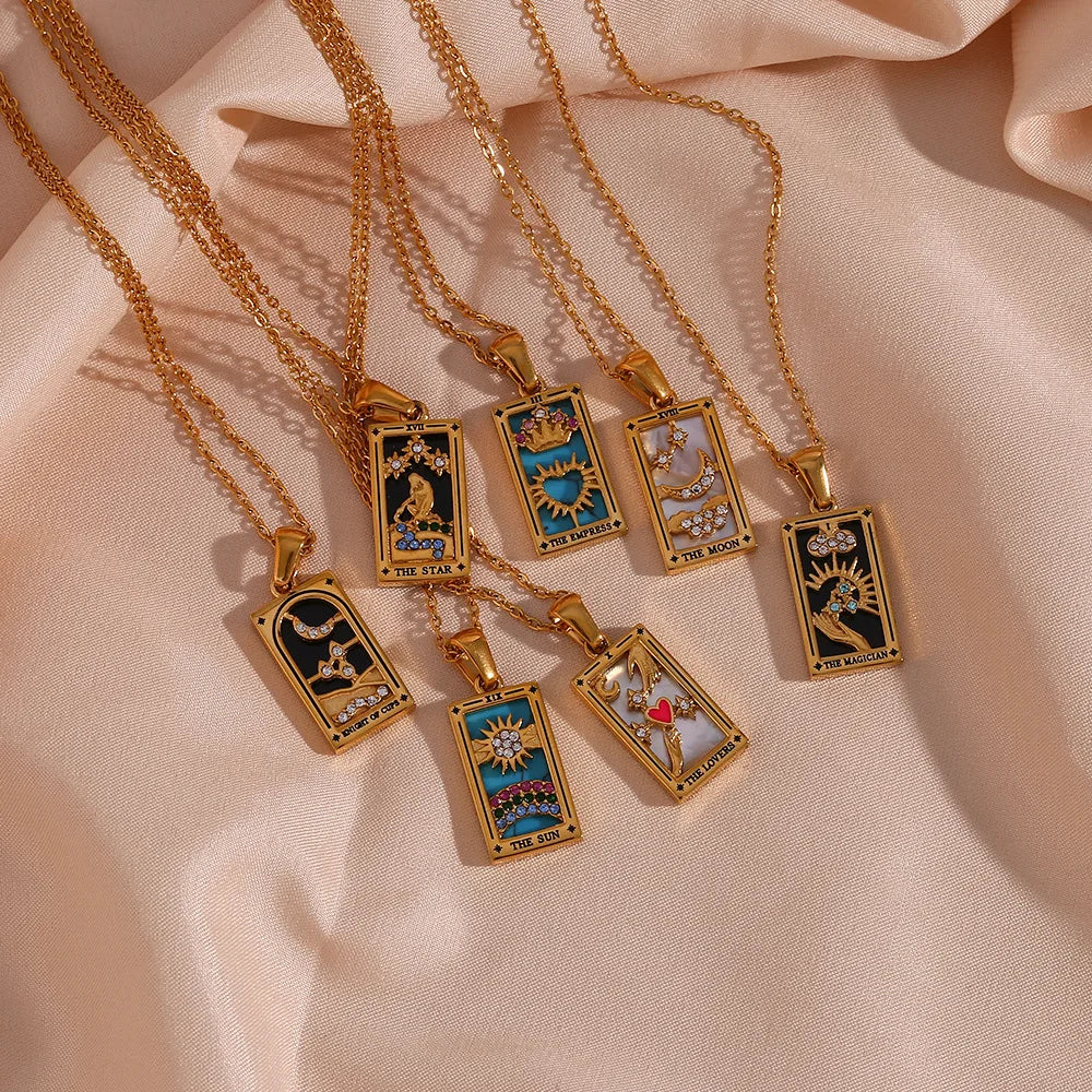 Empowering women's tarot necklace, spiritual gift for guidance, mystical jewelry accessory.