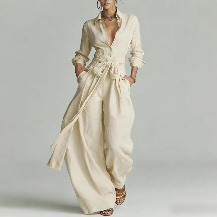 Women's effortless linen co-ord set with a button-up shirt & wide-leg pants. Perfect two-piece summer fashion.