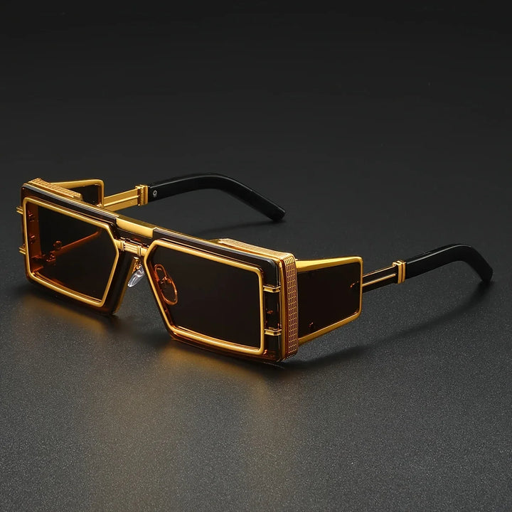 Unisex bold geometric sunglasses for a trendy look. Features full UV protection & chic gold accents. Statement eyewear.