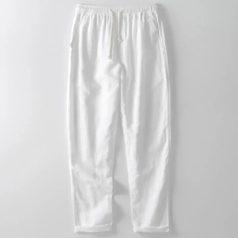 Versatile unisex linen trousers, ideal for beach, travel, or casual outings, providing lightweight, breathable comfort.
