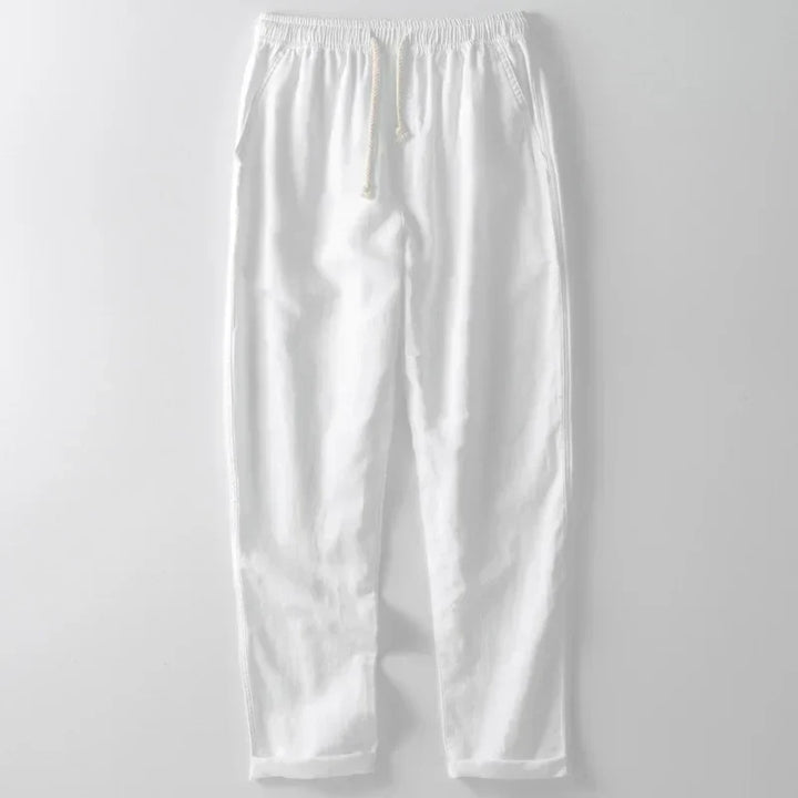 Versatile unisex linen trousers, ideal for beach, travel, or casual outings, providing lightweight, breathable comfort.