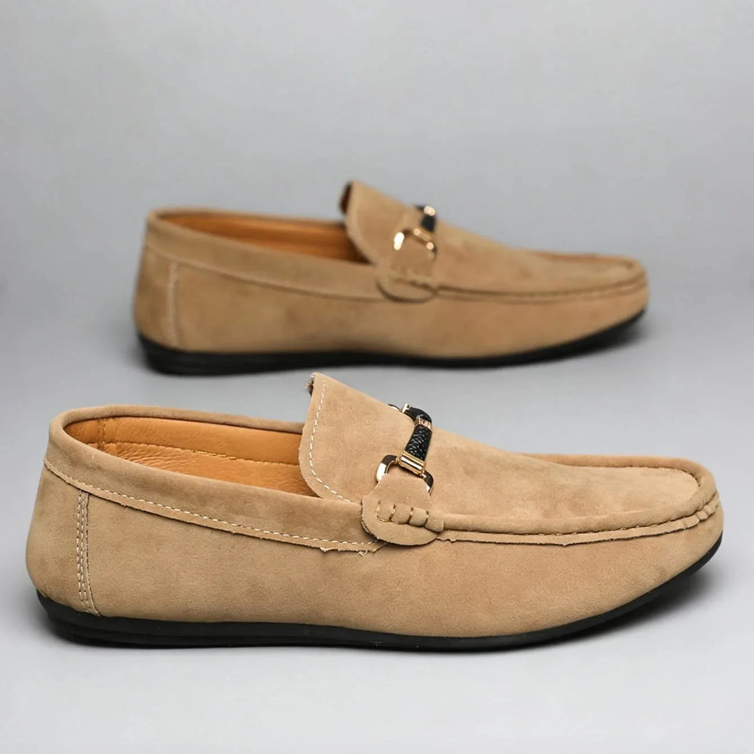 Stylish men's dress loafers with buckle, ideal for formal occasions or sophisticated office attire.