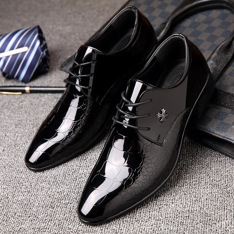 Men's classic black slip-on dress shoes, perfect for formal events, business attire, or smart casual outfits. Elegant & comfortable.