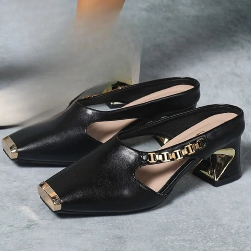 Women's elegant party heels: pointed toe design with a sophisticated metal cap and high heel.