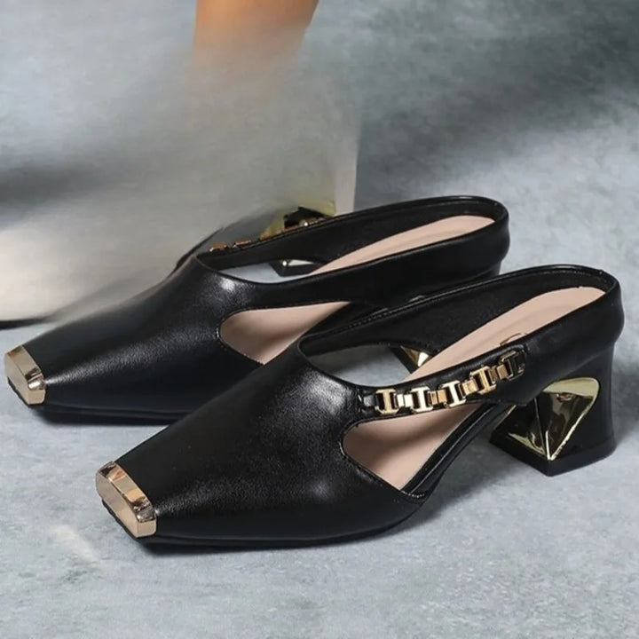 Women's elegant party heels: pointed toe design with a sophisticated metal cap and high heel.