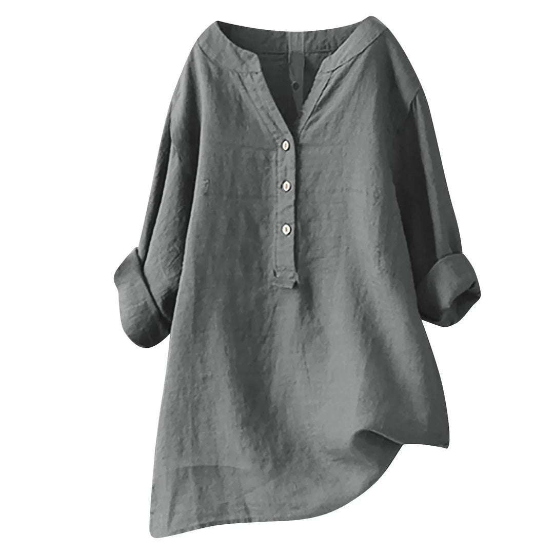 Comfortable women's summer blouse, loose fit, v-neck button-down, perfect for casual and relaxed everyday.