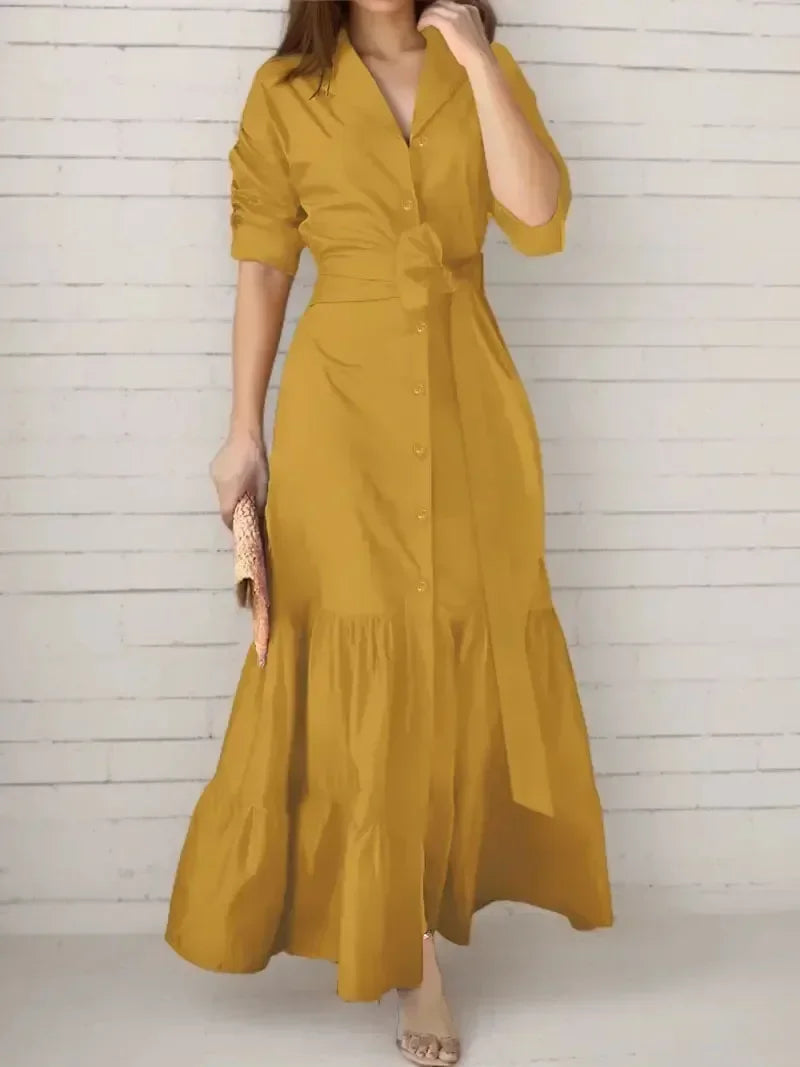 Modest women's long sleeve tiered maxi dress, a stylish shirt dress with an adjustable tie waist for comfort.