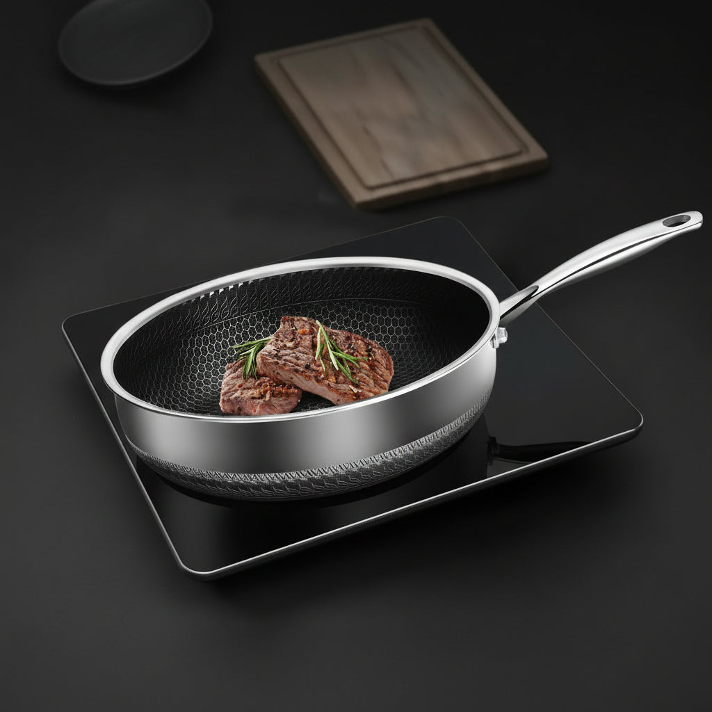 Oven safe stainless steel frying pan with ergonomic handle; ideal for versatile professional and home chef cooking.