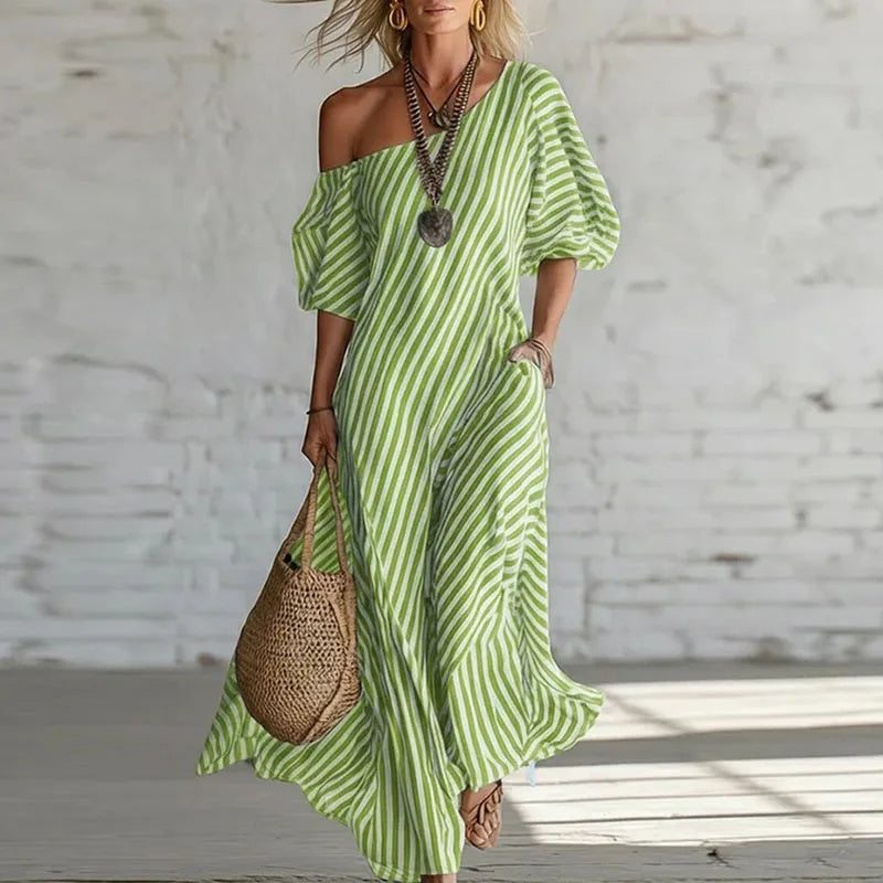Flowy striped one-shoulder puff sleeve midi dress for women, showcasing its unique elegant design for summer.
