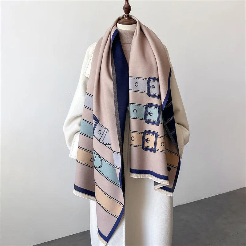Unisex cashmere blend scarf showcasing an intricate belt buckle pattern, a soft, warm, and luxurious winter wrap.