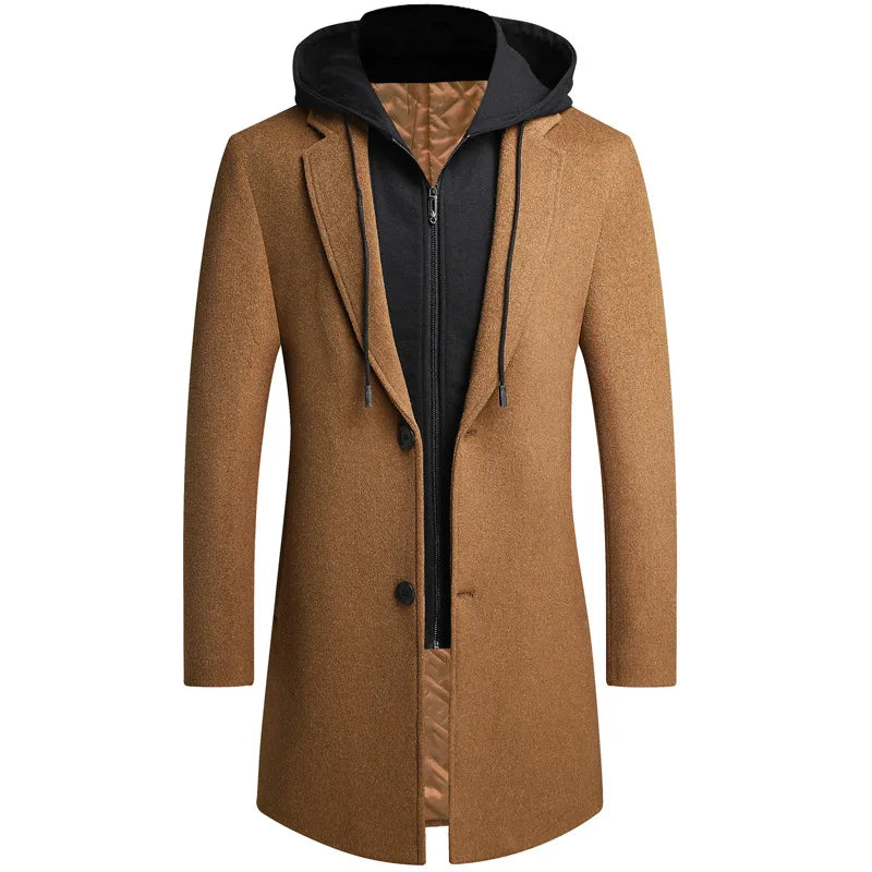 Men's retro trench coat with a stylish detachable hoodie, perfect for fall & winter outerwear.