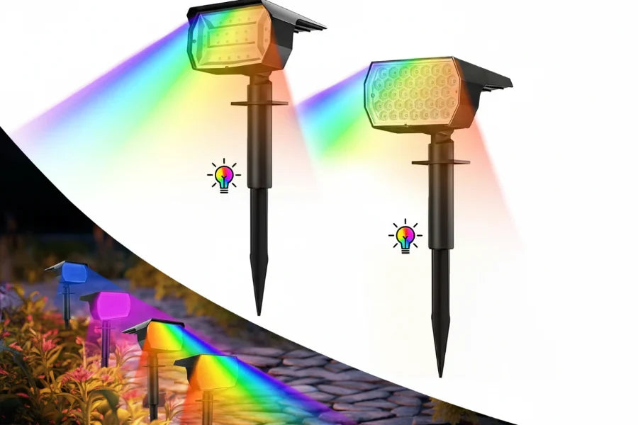 Color-changing solar LED spotlights casting bright light on a garden pathway. Waterproof for outdoor use.