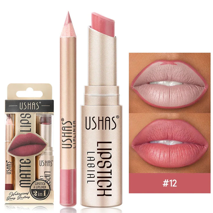 Smooth matte finish with this 2-in-1 lipstick & lip liner pen. Waterproof, long-lasting lip beauty.