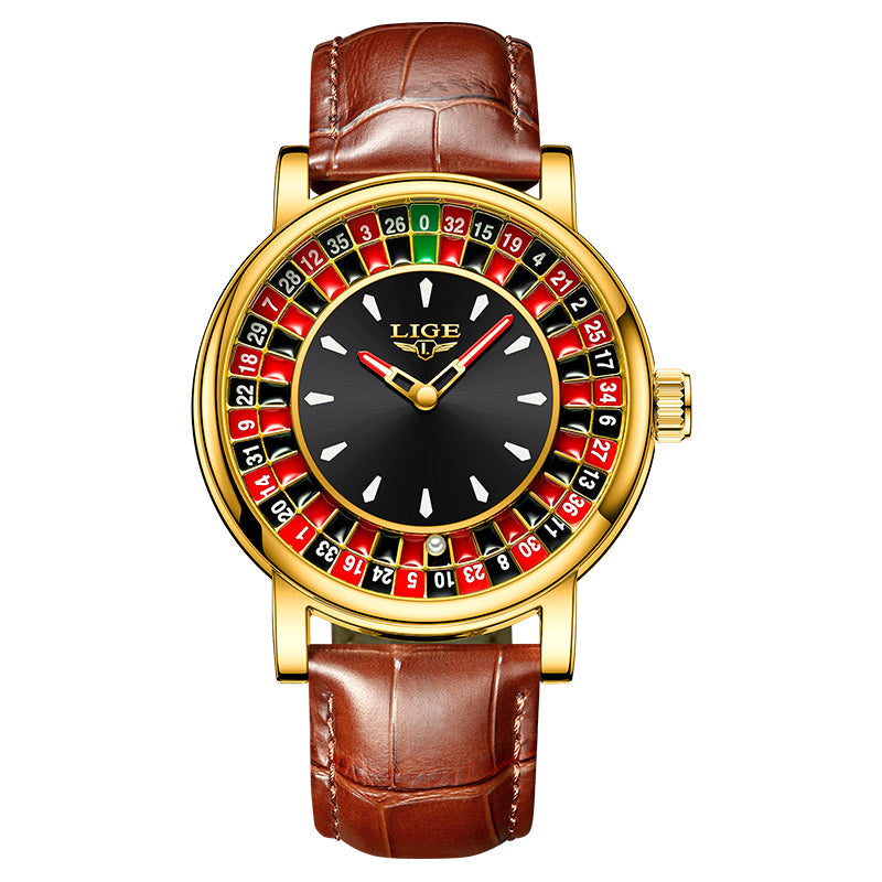 Close-up of men's bold watch, intricate roulette dial design. High-quality accessory for a distinctive look.