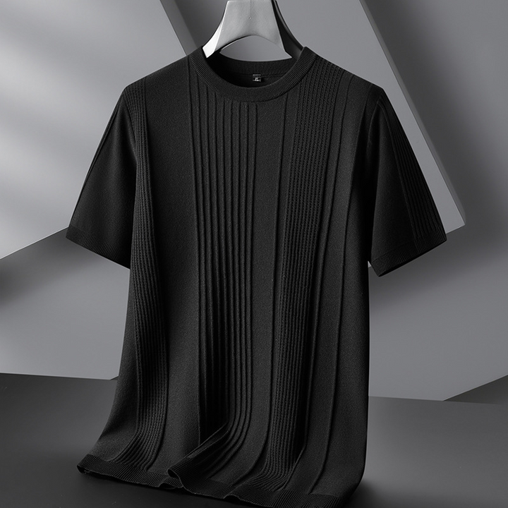 Front view of men's lightweight textured knit tee in a soft blend, a versatile casual crew neck shirt.