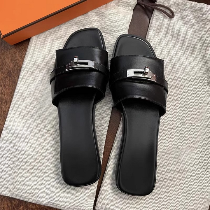 Women's genuine leather square-toe fashion slides, perfect comfortable slip-on summer footwear.