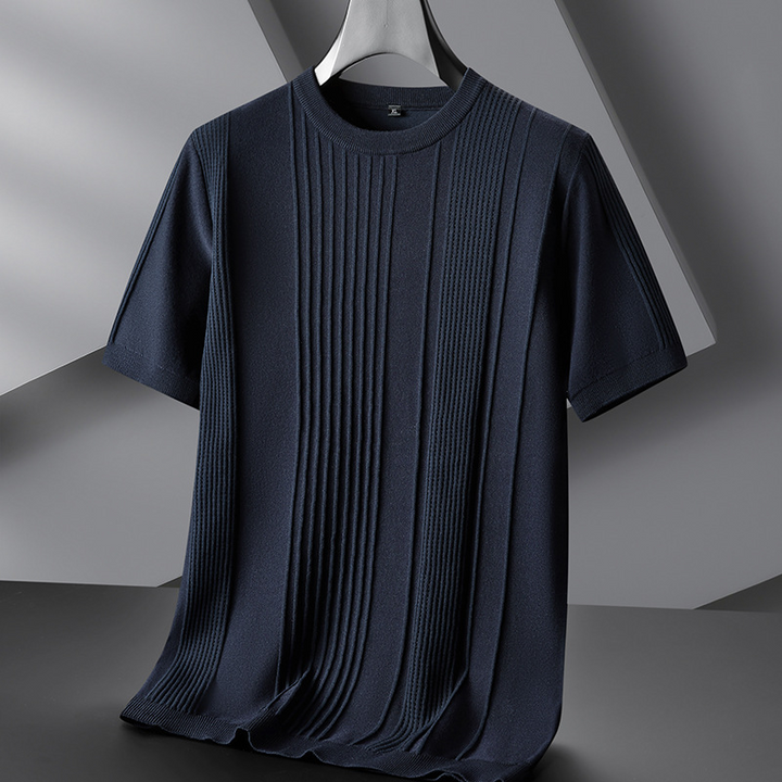 Close-up of men's lightweight knit tee, showcasing its unique textured fabric and comfortable feel.