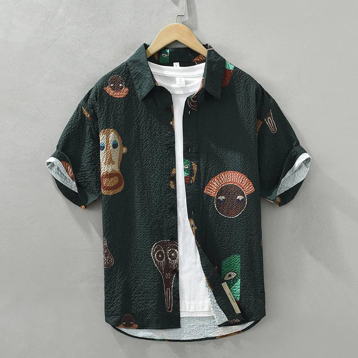 Unique men's abstract tribal art shirt, Oruka design. Cubist style short sleeve top for a fashion statement.