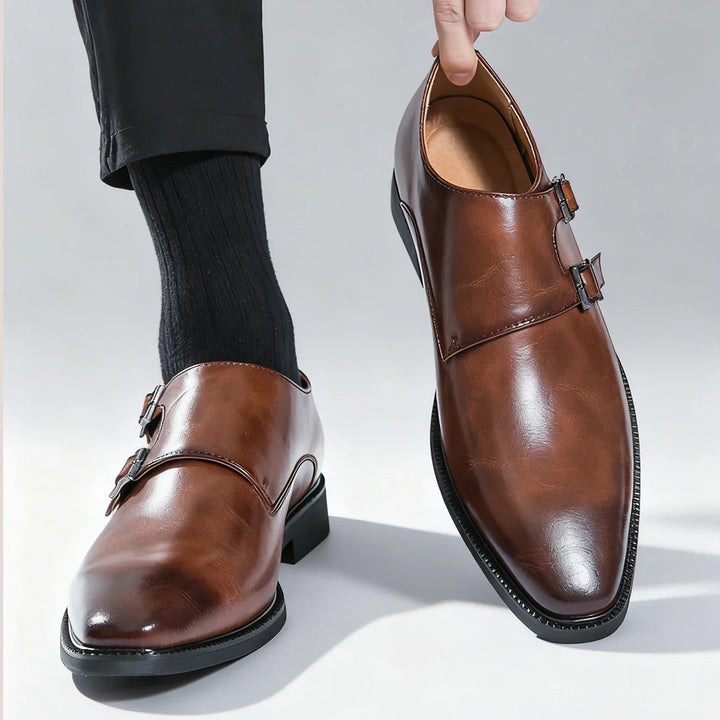 Stylish brown Valmont men's double buckle loafers, comfortable slip-on formal footwear for any occasion.