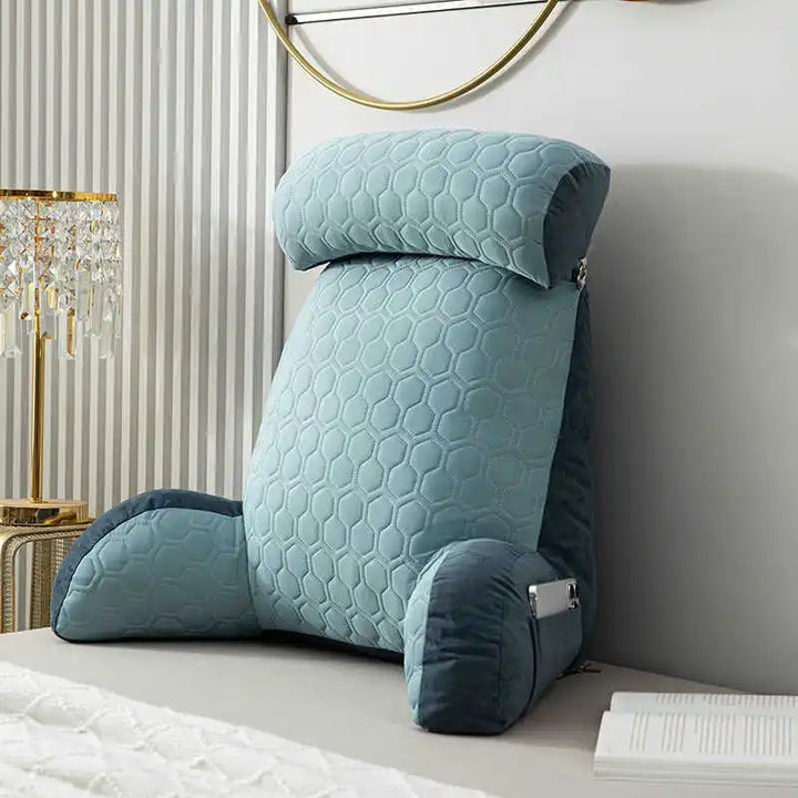 Cozy velvet backrest cushion, designed as a plush reading pillow with integrated arm & neck support.
