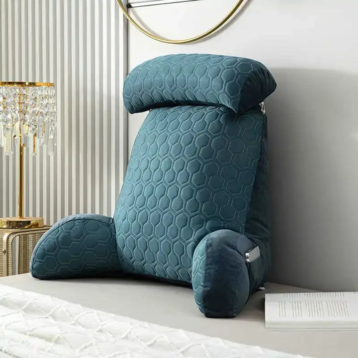 Plush velvet backrest reading pillow with arm and neck support for ultimate home comfort.