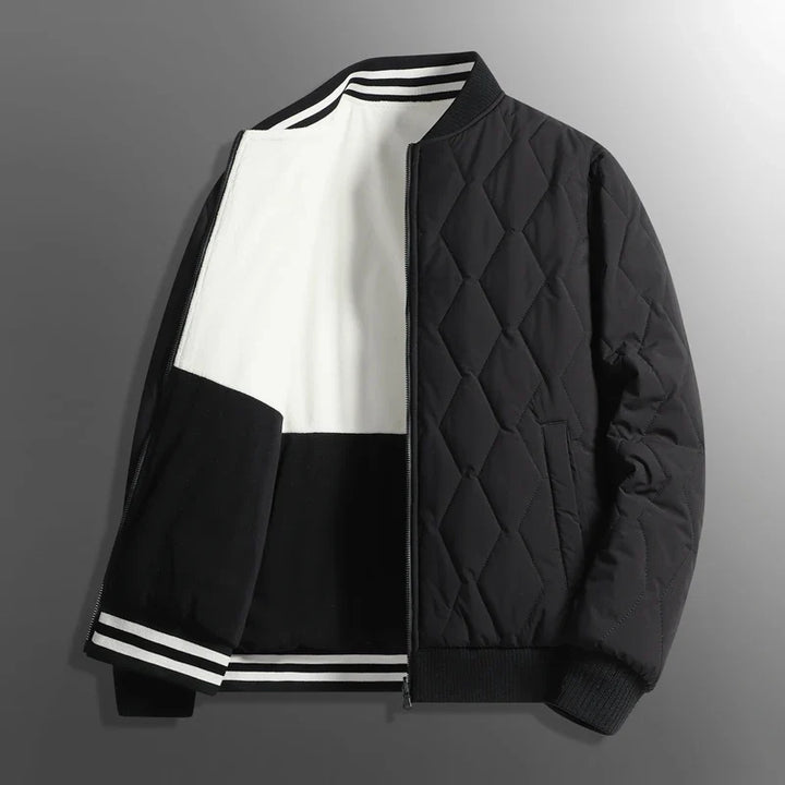 Stylish men's winter jacket in a snowflake design. Cozy outerwear for men's fashion, providing warmth for cold days.