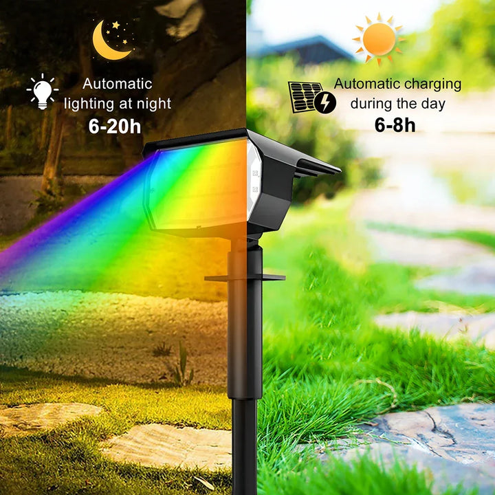 Solar RGB spotlights for dynamic outdoor landscape and garden lighting, with waterproof design.