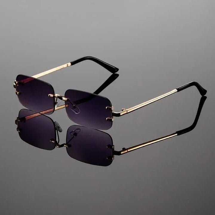 Person wearing unisex modern rimless sunglasses, highlighting their stylish appeal and comfortable, lightweight fit.
