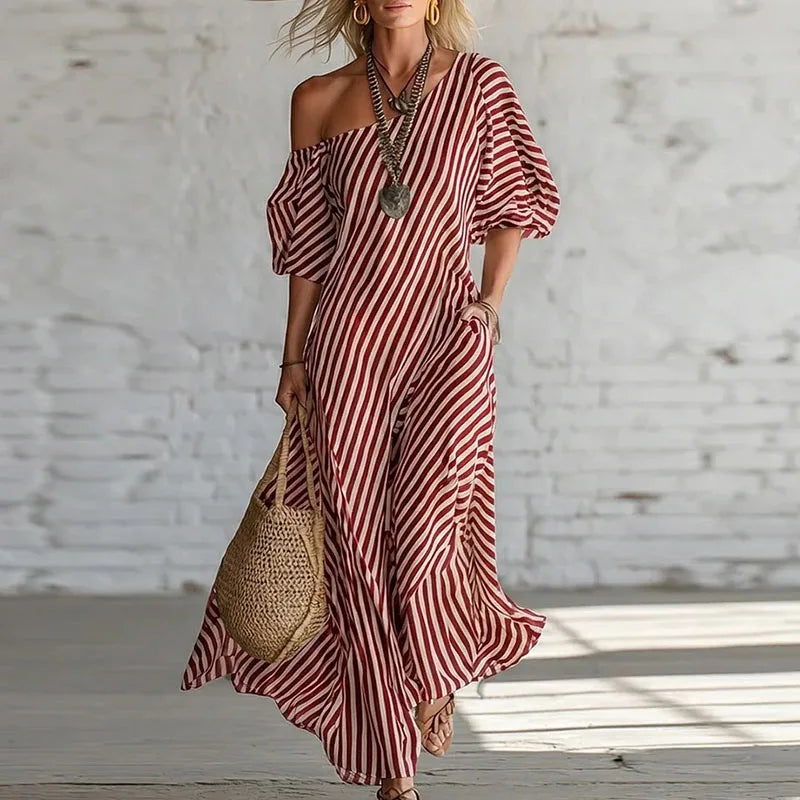Casual yet chic women's striped one-shoulder puff sleeve midi dress, ideal for summer outings or vacation.