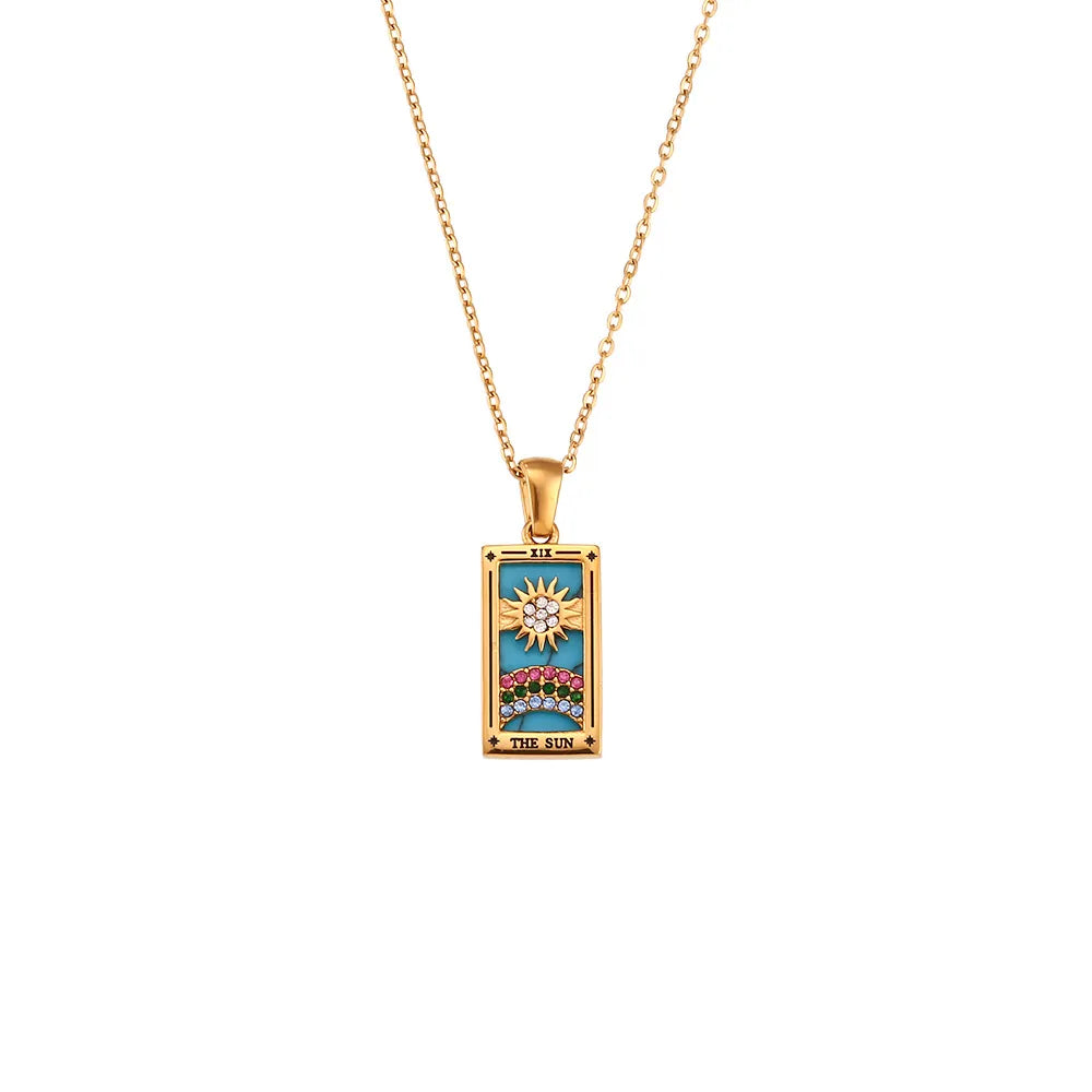 Woman wearing a delicate tarot card necklace, elegant spiritual jewelry, mystical accessory.
