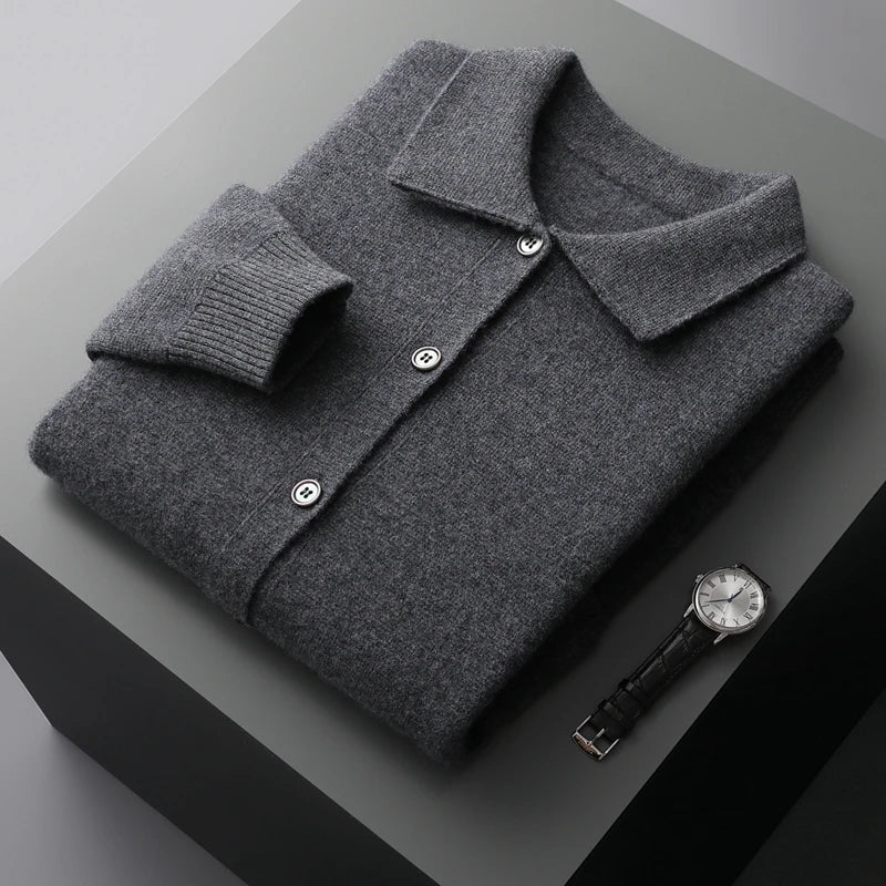 Stylish men's cozy knit cardigan sweater, offering warmth and comfort for fall and winter casual wear and layering.