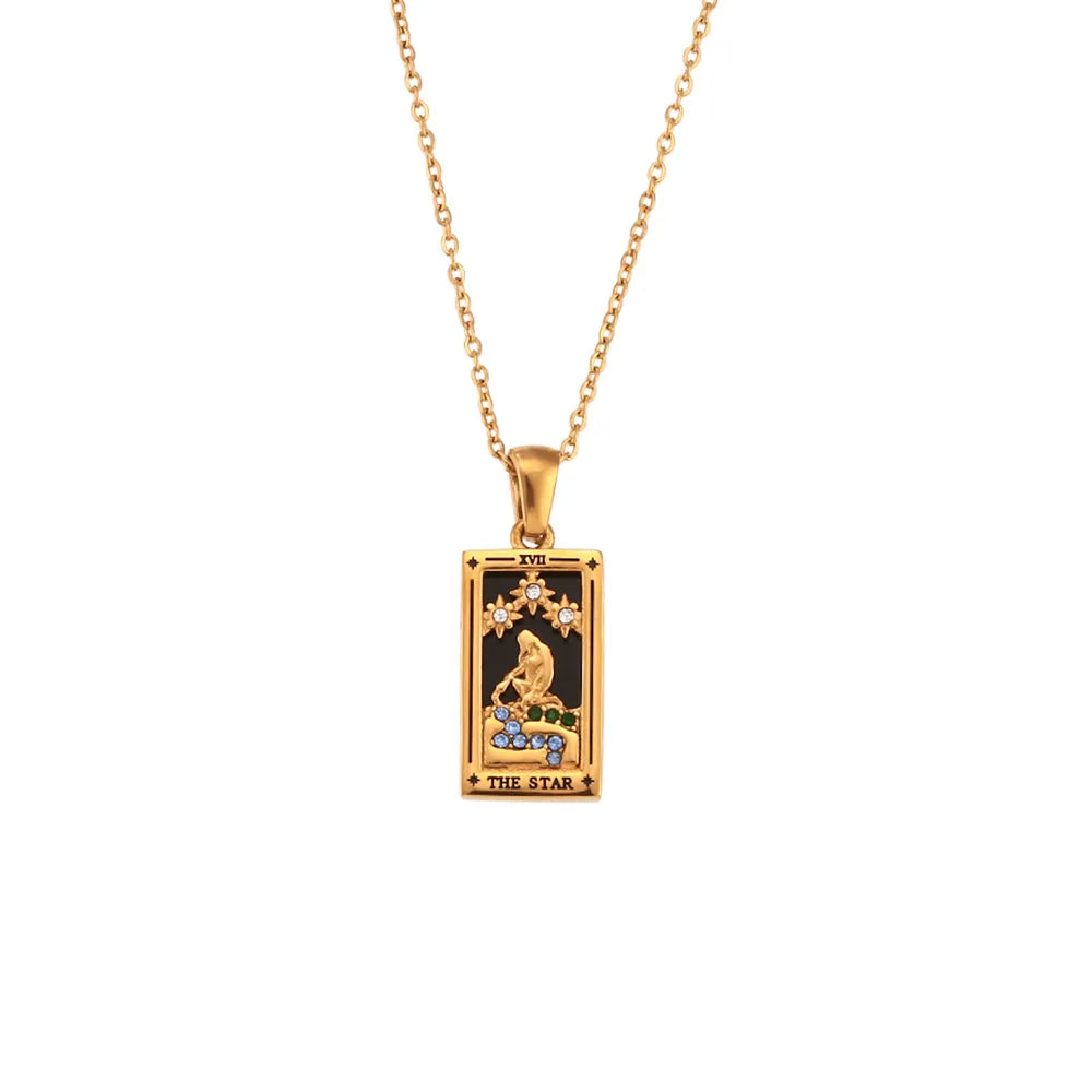 Shimmering women's tarot card necklace, gold spiritual pendant, perfect mystical divination gift.
