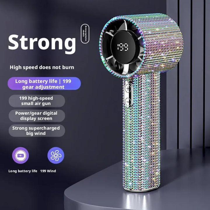Portable Turbo Misting Fan, compact and handheld, ideal for travel, camping, or outdoor cooling on the go.