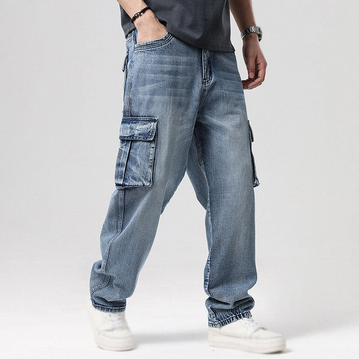 Stylish men's blue cargo jeans, relaxed fit, perfect for casual, everyday & urban outfits.