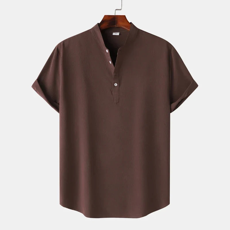 Front view of a comfortable men's natural tone henley shirt with long sleeves, ideal for casual style.
