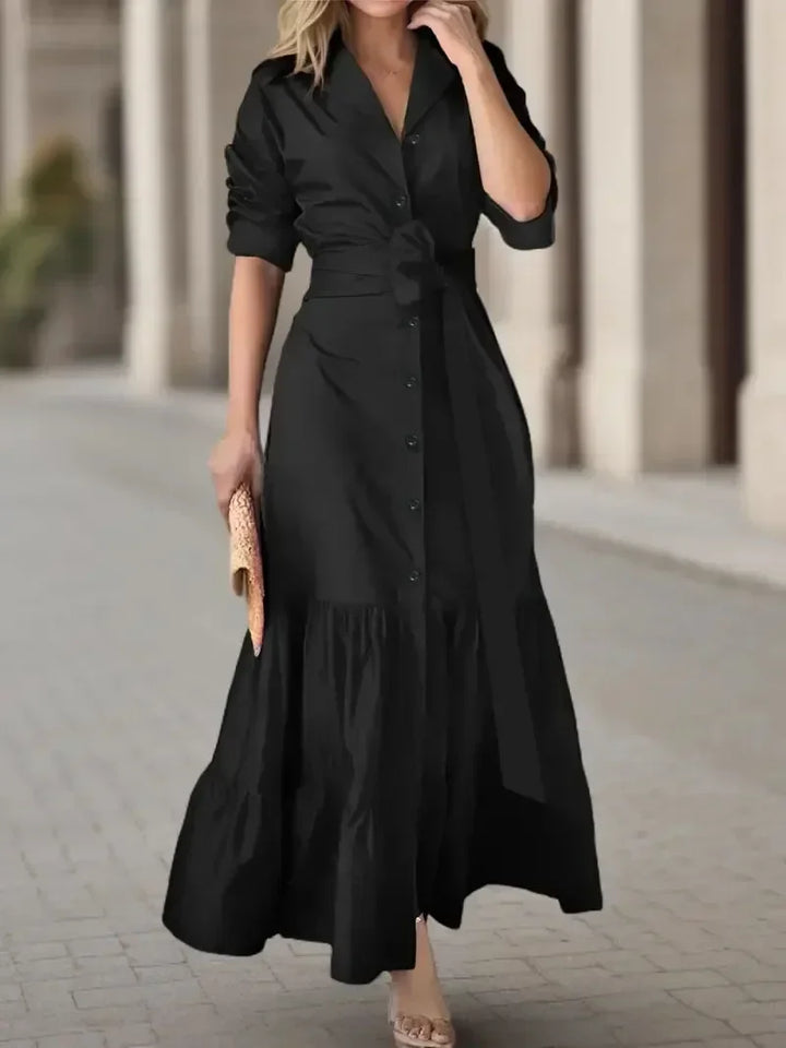 Women's long sleeve tiered maxi shirt dress with elegant tie waist, perfect for spring/summer fashion.