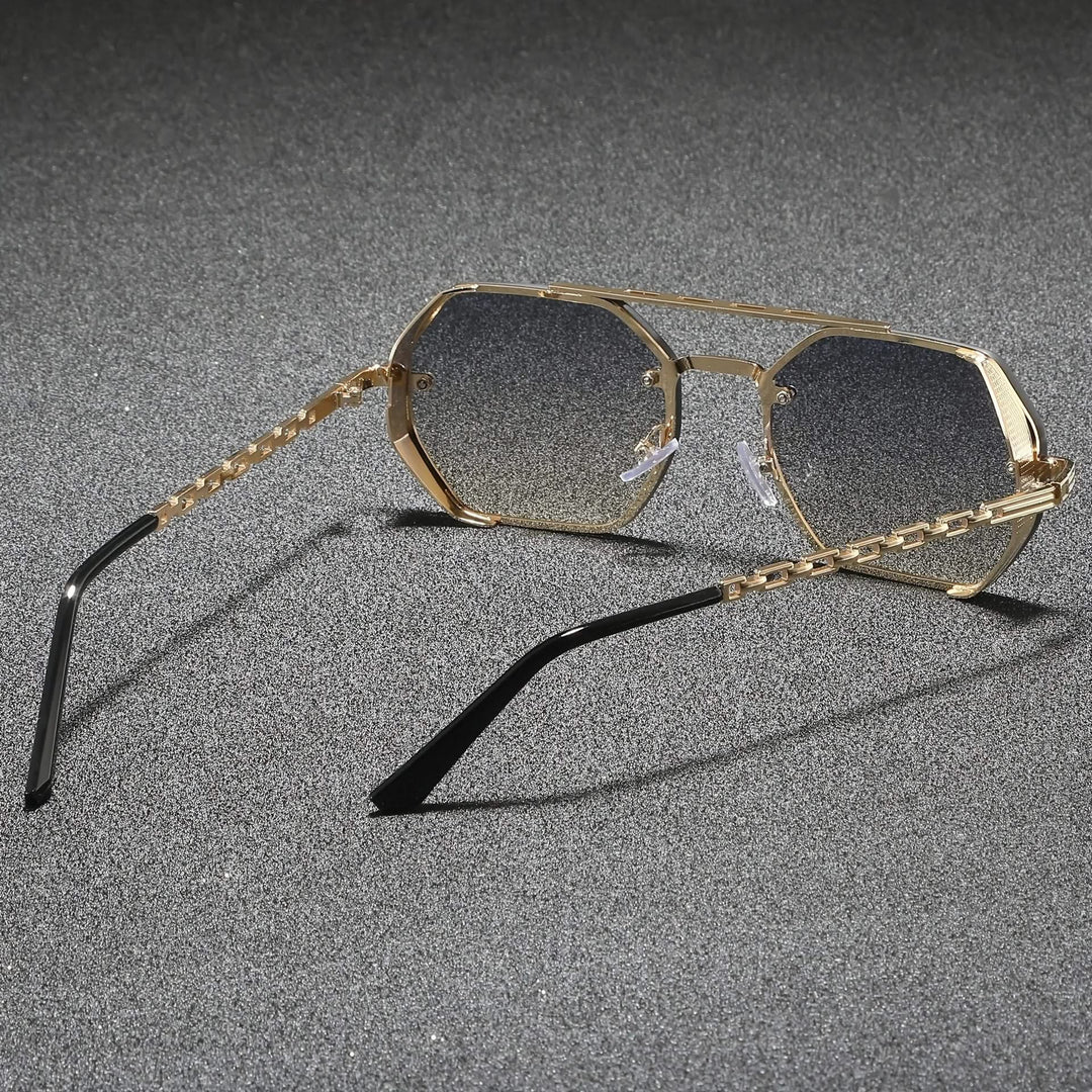 Retro style geometric metal frame shades. Fashionable unisex accessory with UV protection.