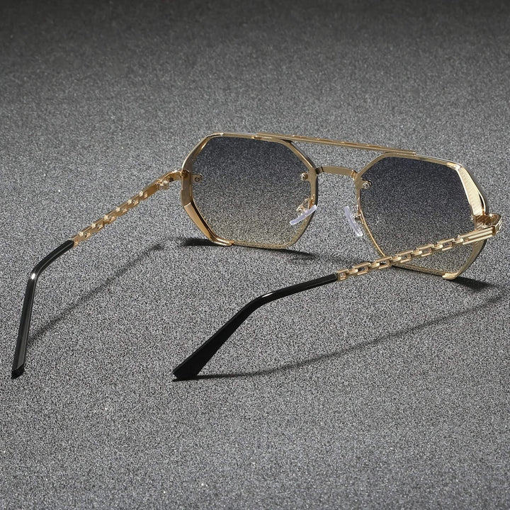 Retro style geometric metal frame shades. Fashionable unisex accessory with UV protection.