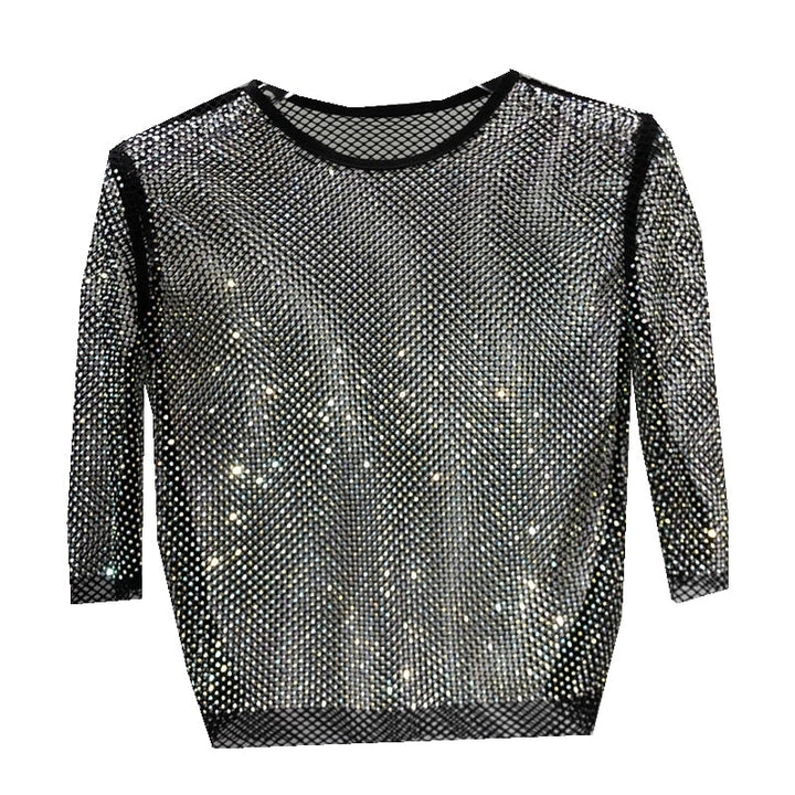 Glamorous women's sparkling t-shirt, designed to dazzle and shine at any party. A stunning festive evening top.