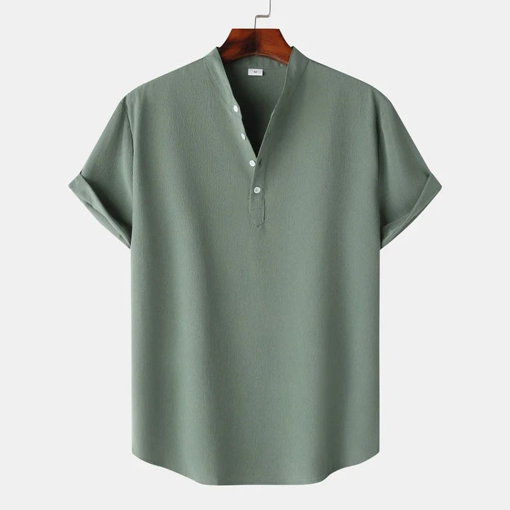 Men's natural tone long sleeve henley shirt, a classic and comfortable casual top for everyday wear.