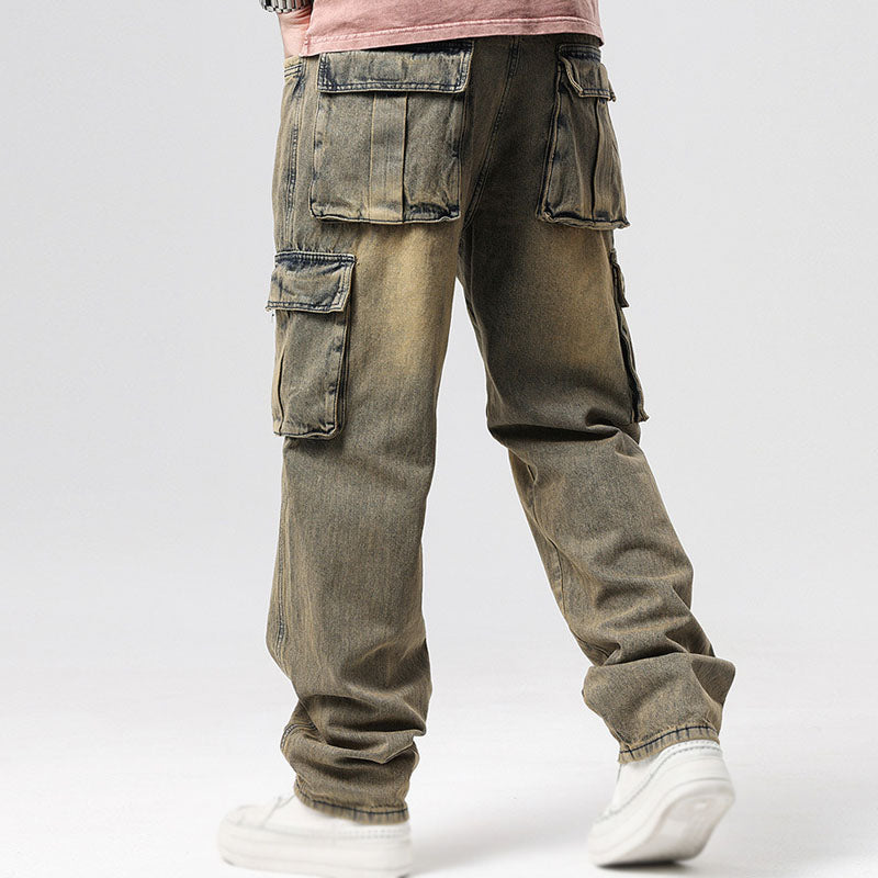 Versatile men's blue cargo utility jeans, relaxed fit for comfort, casual, everyday, & urban fashion.
