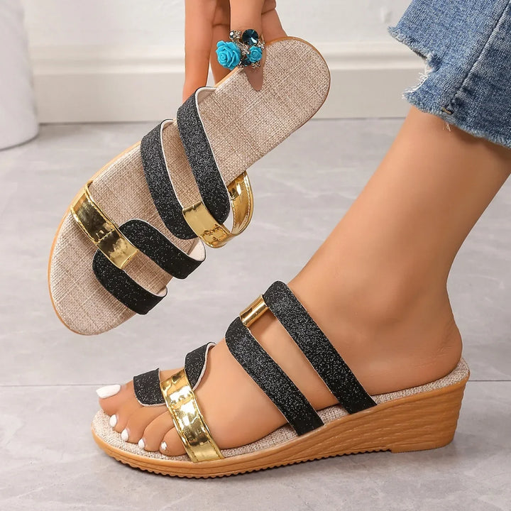 Glamorous glitter strappy sandals for women, open toe design.