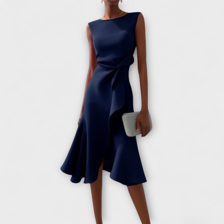 Chic sleeveless formal midi dress for women, featuring a beautiful draped knot and flowy ruffle hem. Ideal for evening events.
