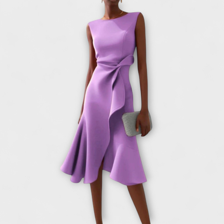 Stylish women's draped knot midi dress with a delicate ruffle hem. Sleeveless design, suitable for elegant occasions.