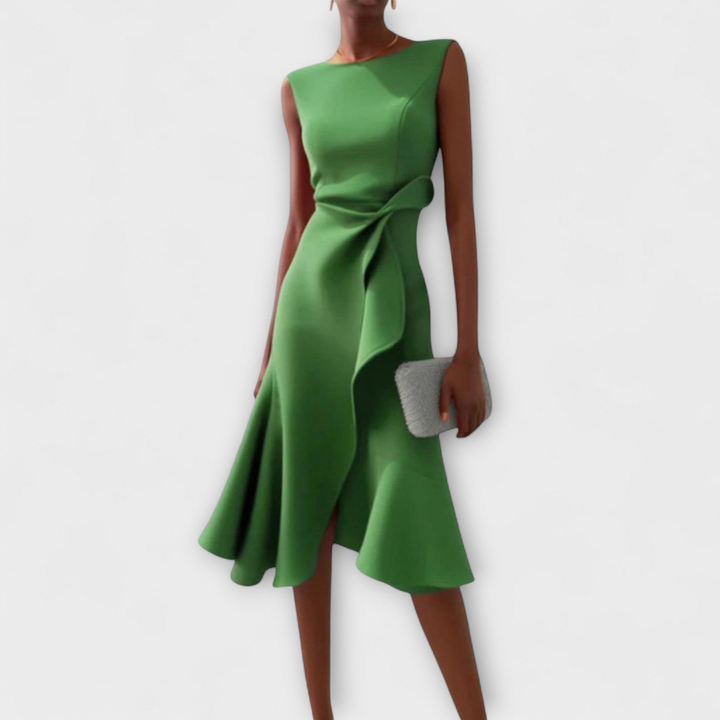 Sophisticated women's cocktail dress, sleeveless midi length. Features an elegant draped knot and a charming ruffle hem.