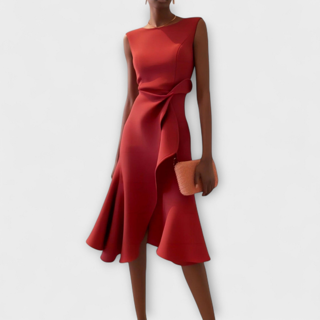 Elegant women's sleeveless midi dress with draped knot detail and playful ruffle hem, perfect for cocktails or parties.