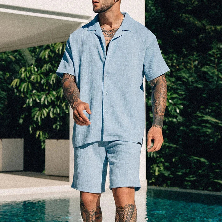 Unisex lightweight two-piece matching set. Shirt and shorts for summer casual wear.
