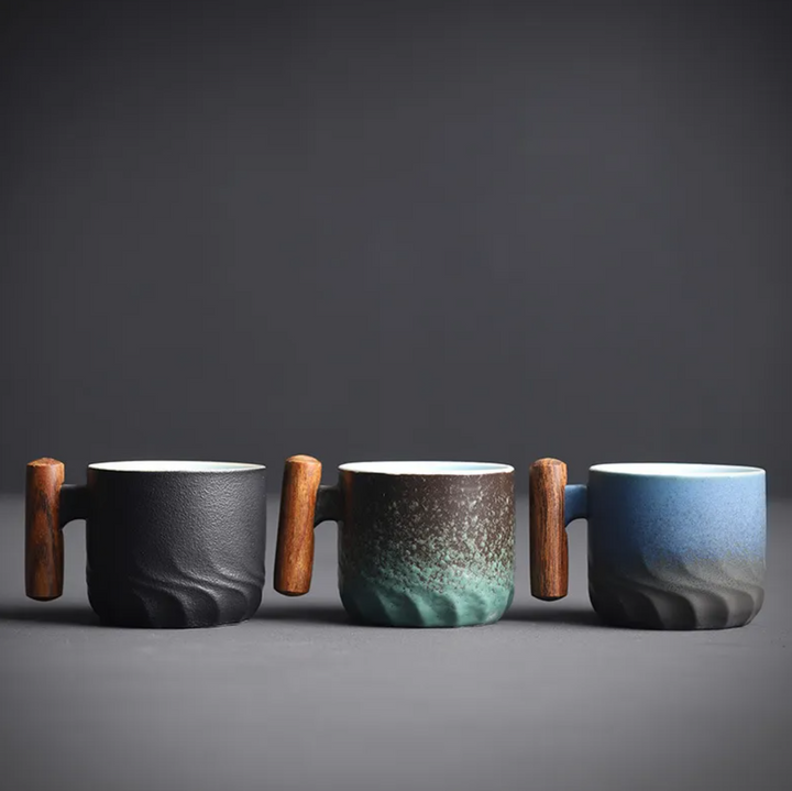 Aesthetic retro ceramic espresso mug with wooden handle, great for home decor.