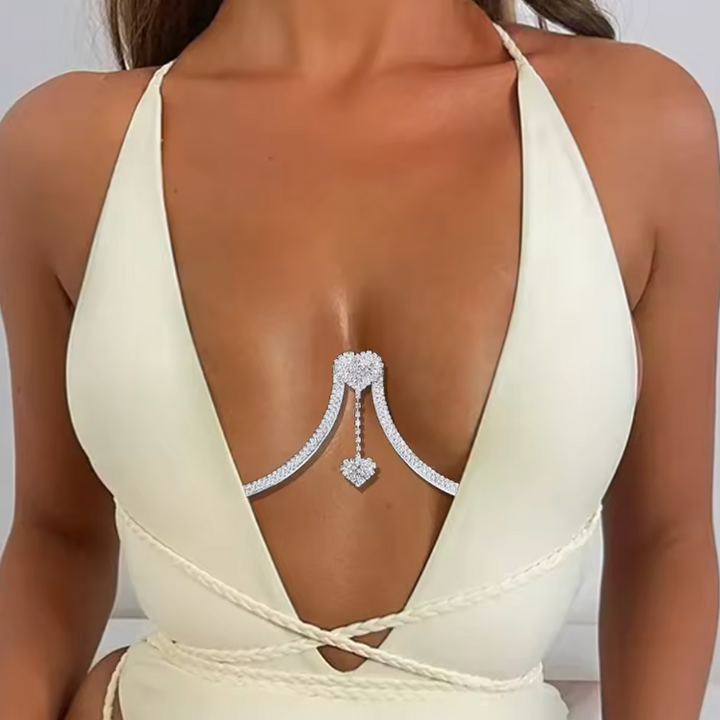 Women's sparkling rhinestone body chain, an elegant adjustable jewelry accessory for party & evening wear.